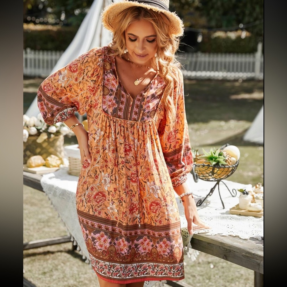 Floral Bohemian Dress in Orange and Pink